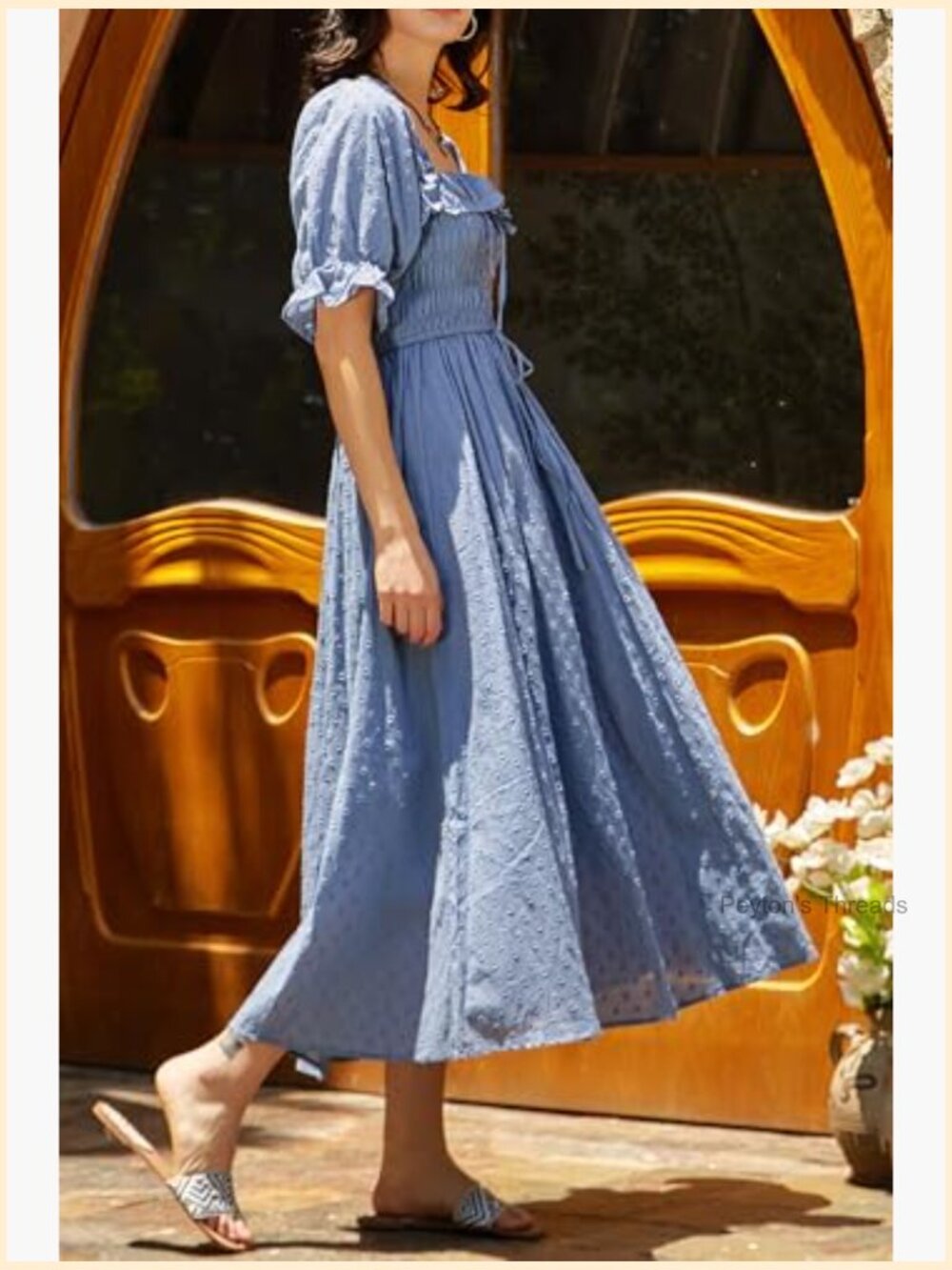 Square Neck Midi Dress Puff Sleeve Smocked Elastic Waist - Picture 6 of 7